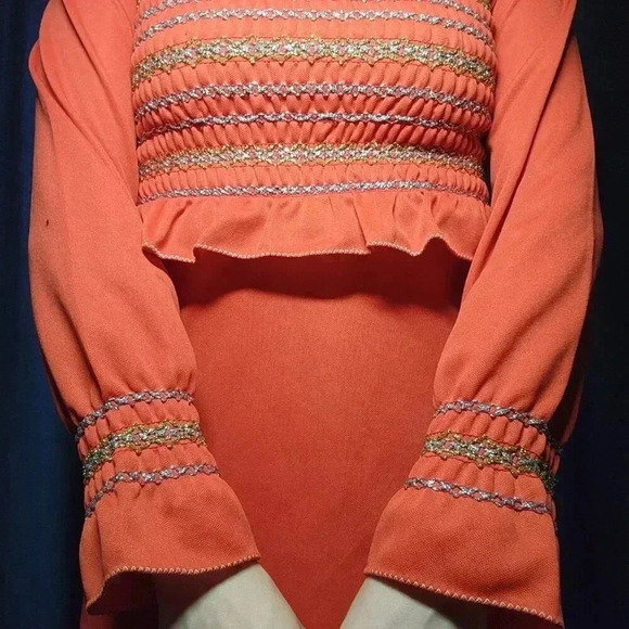 Vintage 60s bright red, gold, and silver babydoll long bell-sleeved maxi dress - Picture 8 of 15